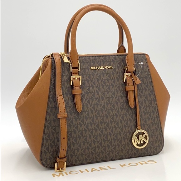 MICHAEL KORS CHARLOTTE LARGE SATCHEL BROWN MULTI - Picture 2 of 16